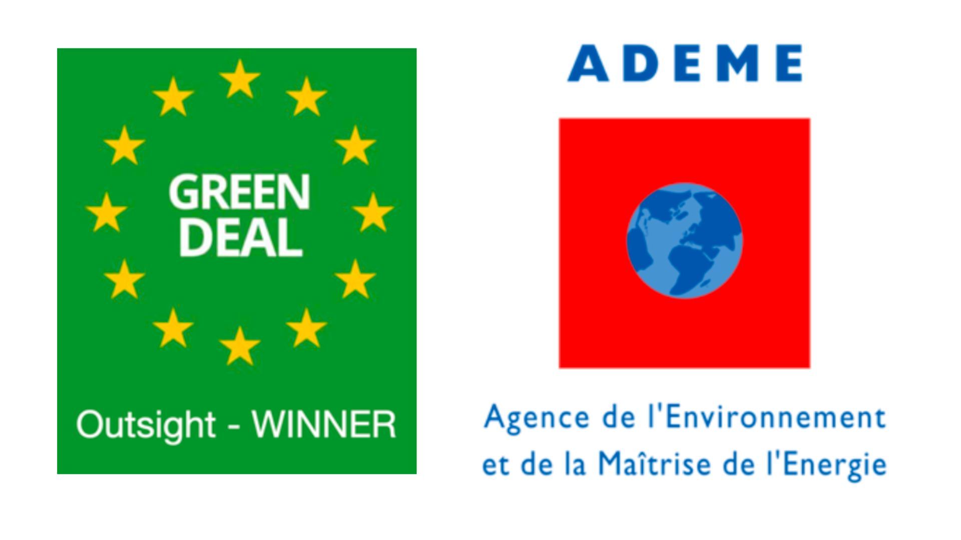 Image of two awards that Outsight received: the Green Deal Award and the French Environment Agency's Innovation award 