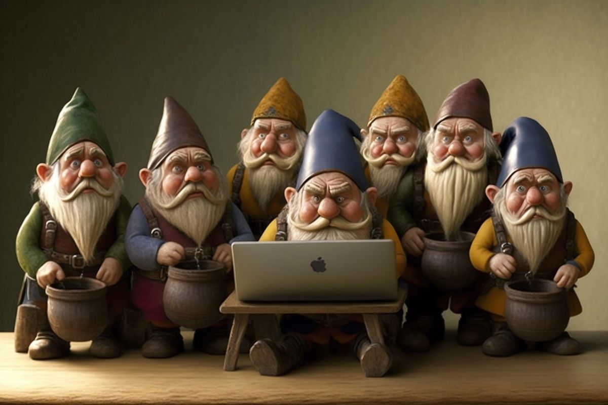 image of 7 garden gnomes surrounding a laptop representing the 7 attributes of open data formatting for lidar software