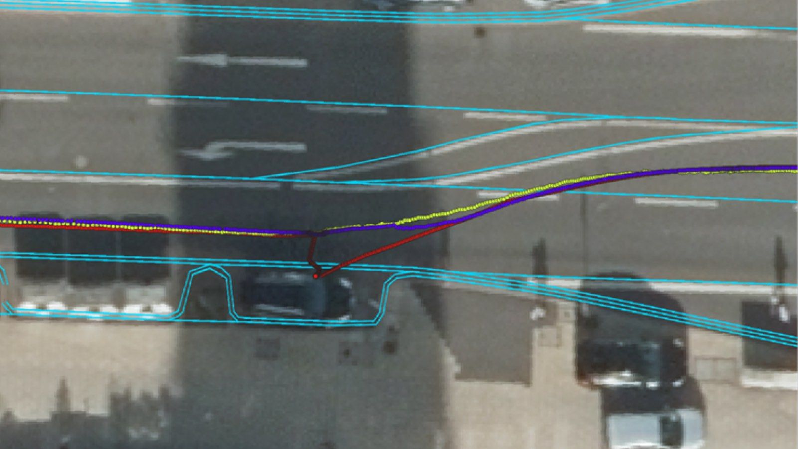 Red Circle: GNSS only Yellow Circle: LiDAR-based GNSS only Blue Circle: Fusion of GNSS